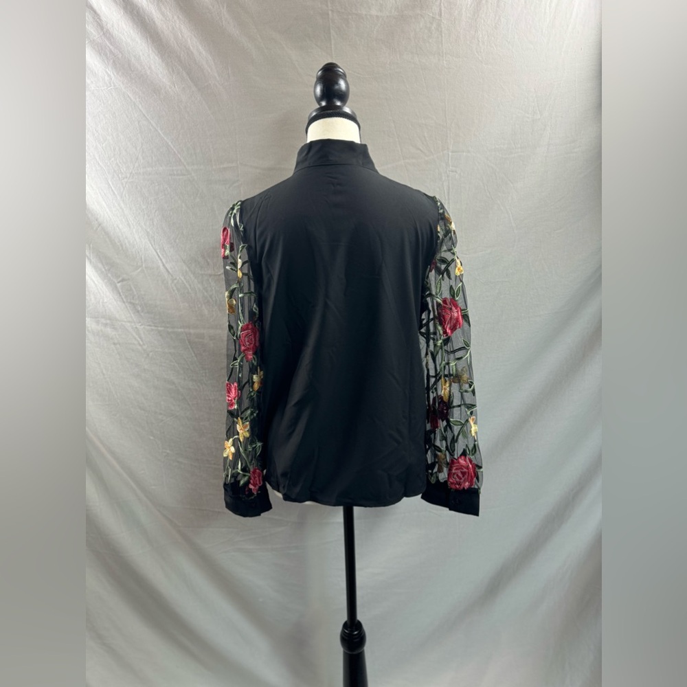 LAST ONE 🔥 Floral Embroidery Mesh Sleeve Tie Neck Blouse Black - Picture 8 of 8